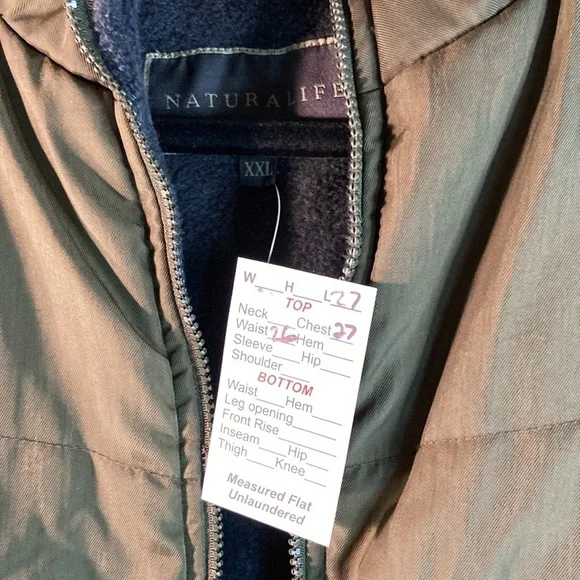 Naturalife olive green vest with charcoal fleece lining. 54” chest 203